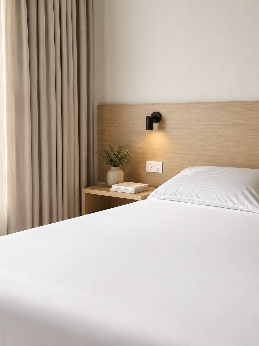 Peace of Mind fitted sheet styled on a bed with neutral linen and cushions